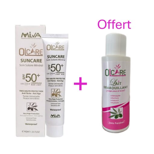 Milva Olcare Ecran Solaire Minéral Teinté Anti Tâche Anti Age SPF50+ 40ml + + Lait Démaquillant 100ml