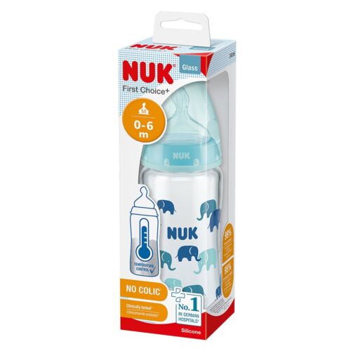 Nuk First Choice+ Biberon en Verre Temperature Control 0-6m Couleur Bleu 240ml